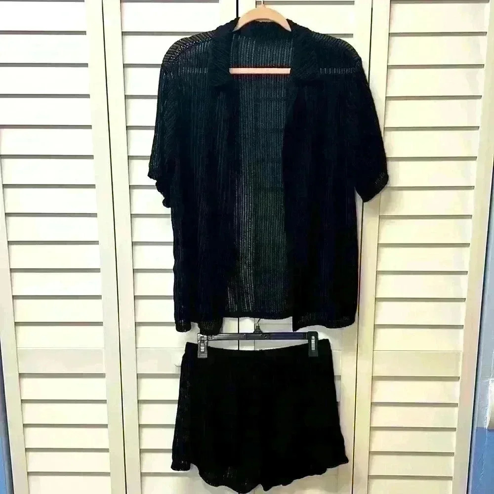 Mesh 2-Piece Open Front Short Set Size Large Black